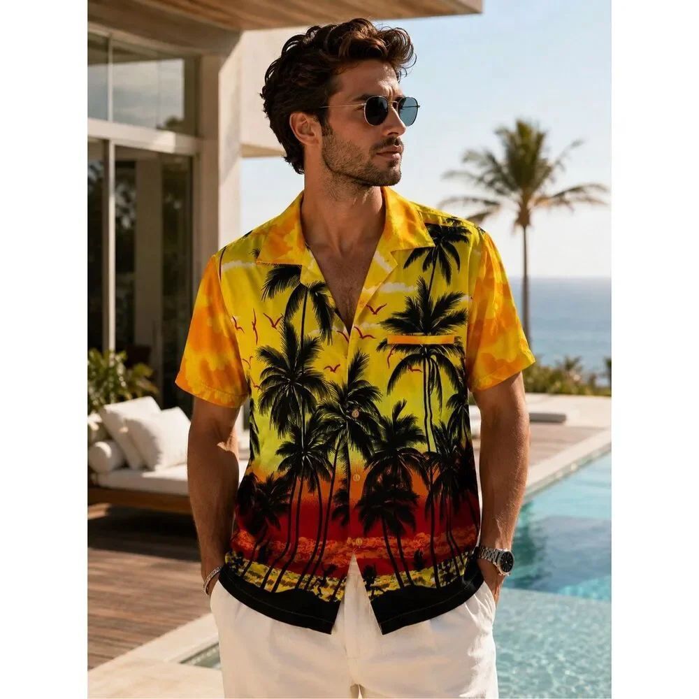 V.H.O Hawaiian Shirt Men’s Size L Tropical Palm Tree Sunset Beach Button Front C